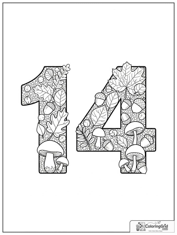 Number 14 coloring page with leaves acorns mushrooms and autumn details