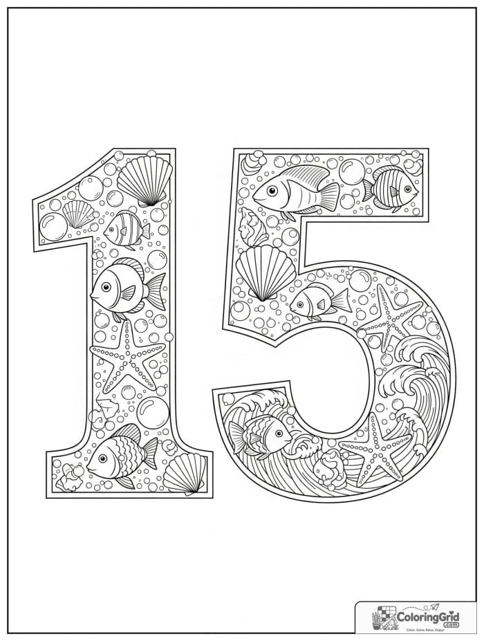 Number 15 coloring page with ocean bubbles fish starfish shells and waves