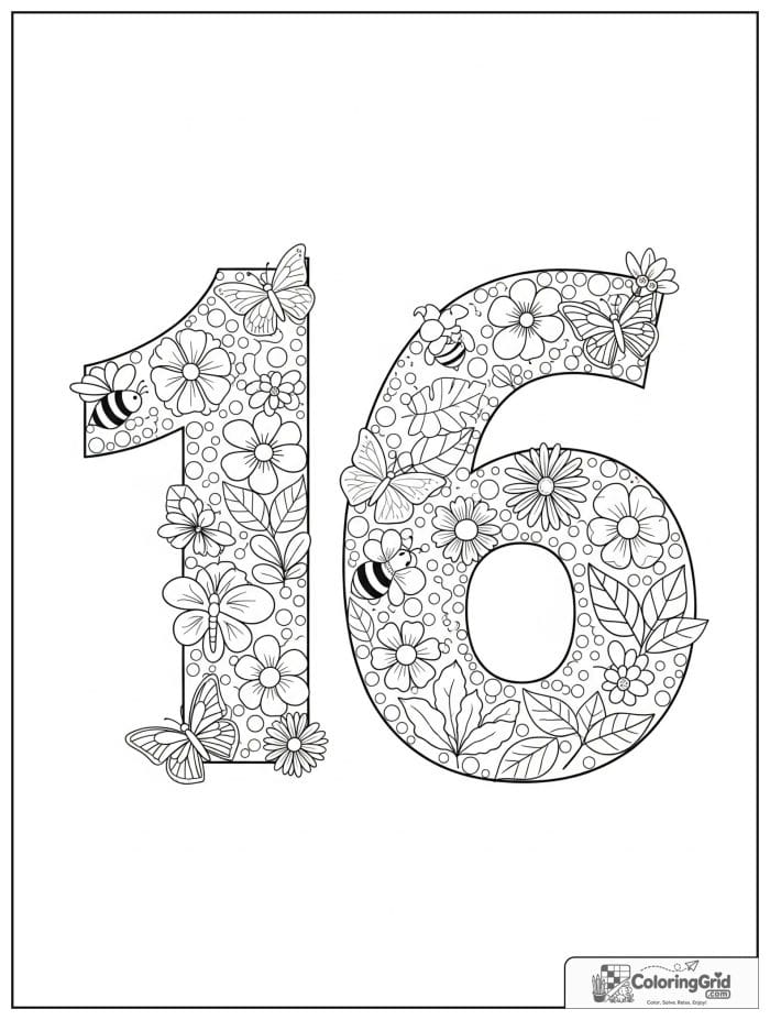 Number 16 coloring page with flowers butterflies bees and leaves