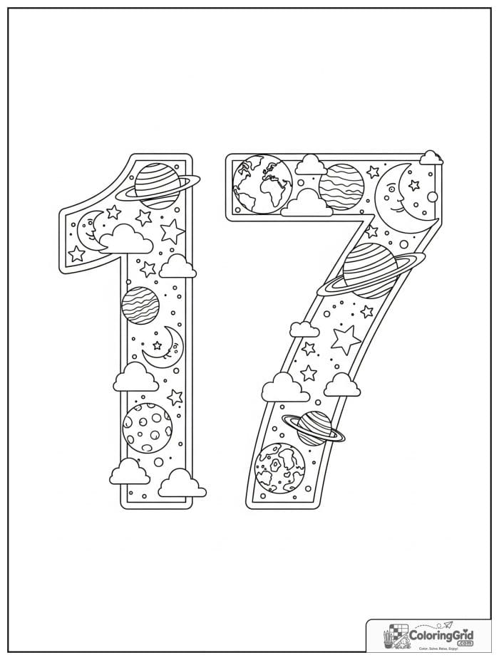 Number 17 coloring page with planets stars moons and space details
