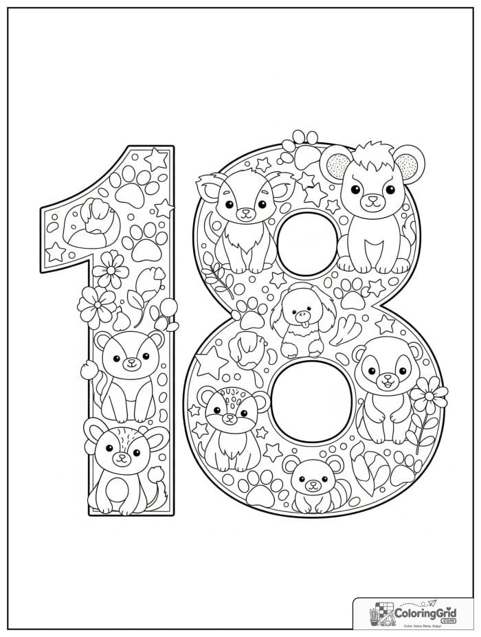 Number 18 coloring page with cute animals paw prints stars and flowers