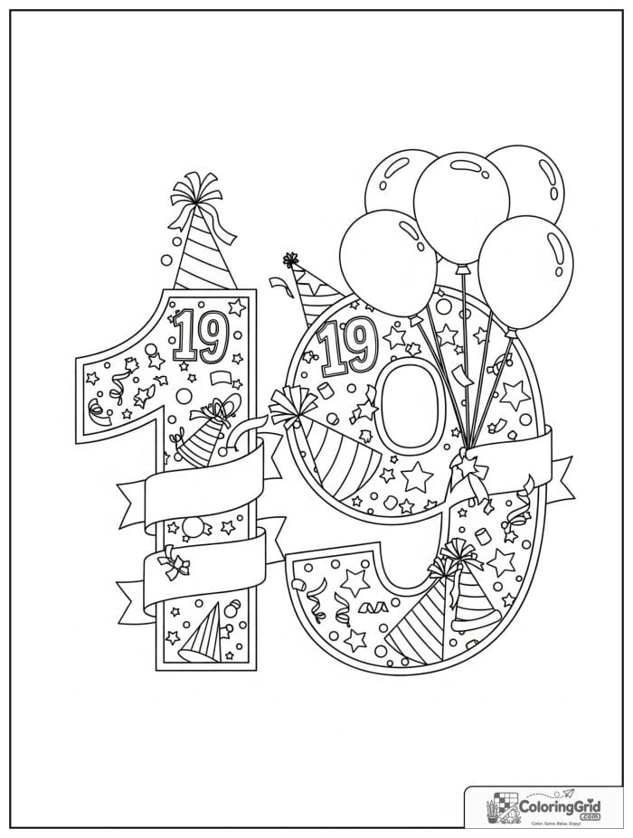 Number 19 coloring page with balloons party hats confetti stars and ribbons