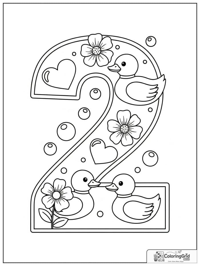 Number 2 coloring page with ducks flowers hearts and bubbles