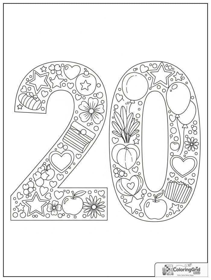 Number 20 coloring page with stars hearts flowers balloons and apples