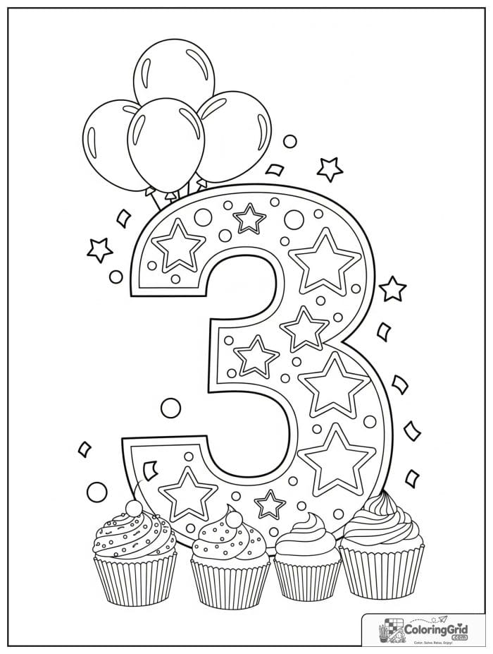 Number 3 coloring page with balloons stars cupcakes and confetti