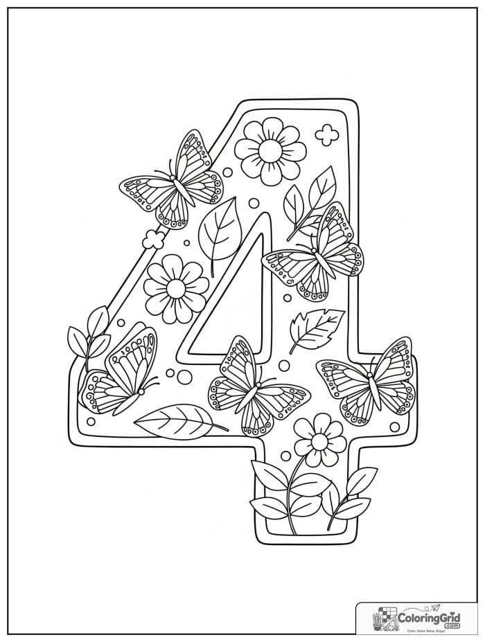 Number 4 coloring page with butterflies flowers leaves and garden details