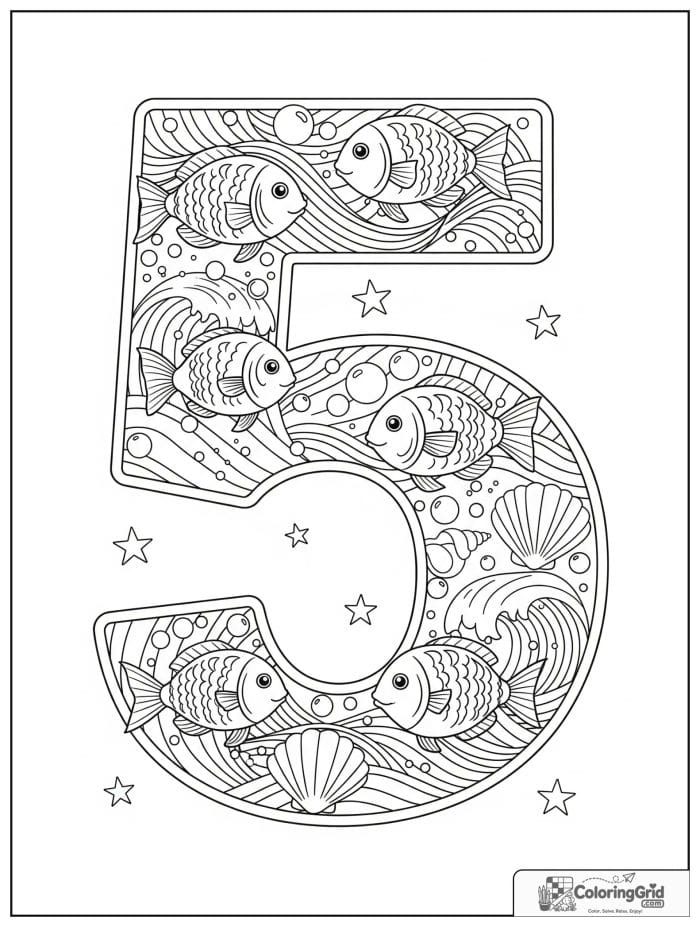Number 5 coloring page with fish ocean waves bubbles and seashells