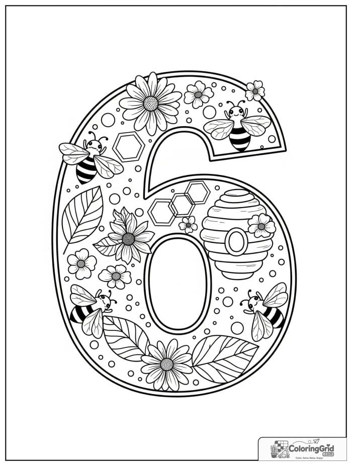 Number 6 coloring page with bees flowers honeycomb and leaves