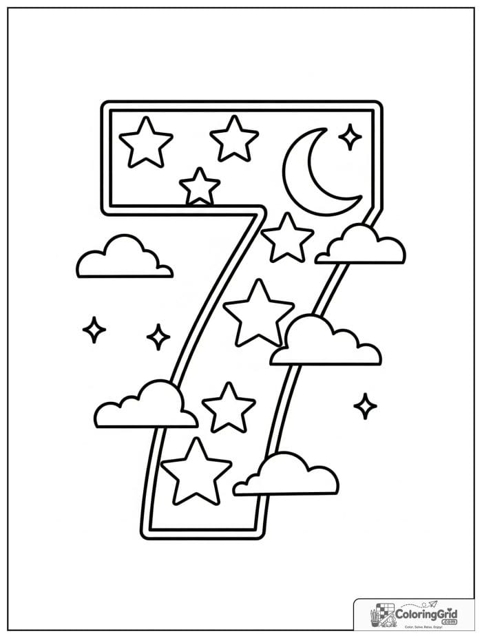 Number 7 coloring page with stars moon clouds and sparkles