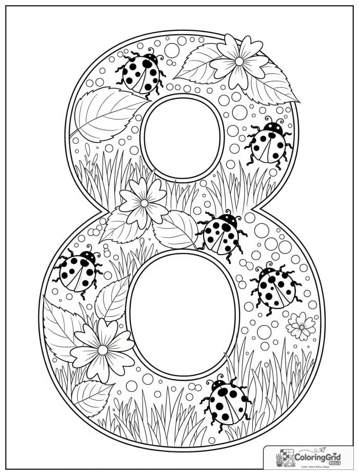 Number 8 coloring page with ladybugs leaves flowers and grass