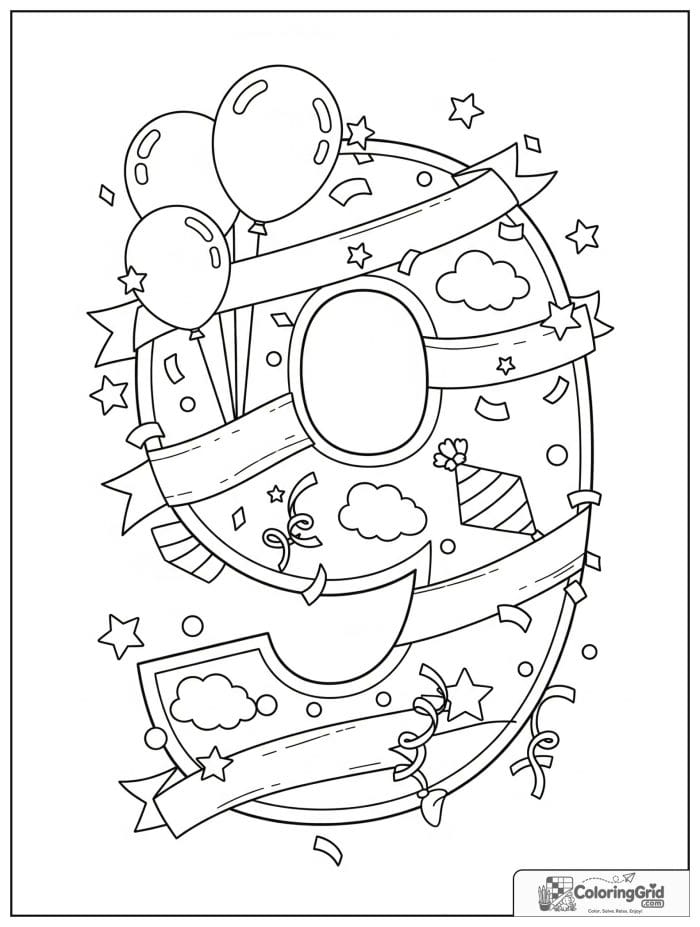 Number 9 coloring page with balloons ribbons stars and confetti