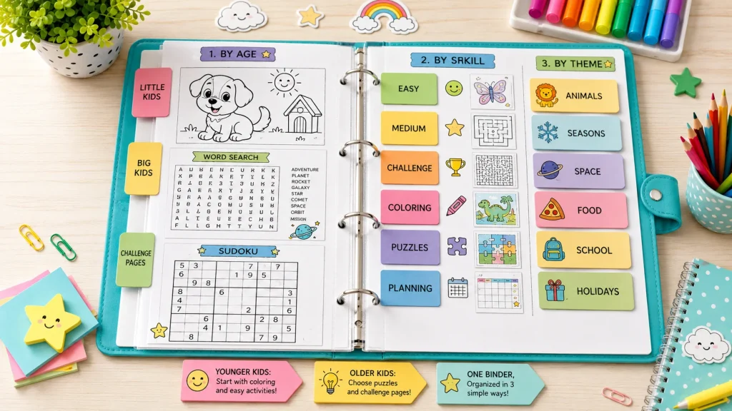 Printable activity binder organized by age, skill, and theme with tabs for kids, puzzles, coloring pages, and planning.