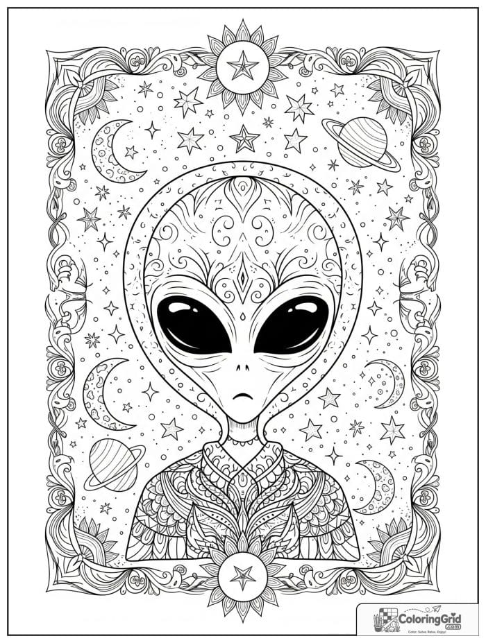 Ornate alien border frame black and white artwork.