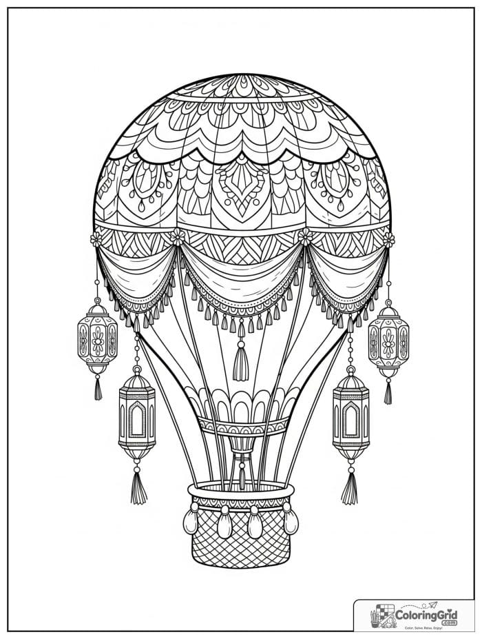 Ornate hot air balloon with lanterns coloring sheet