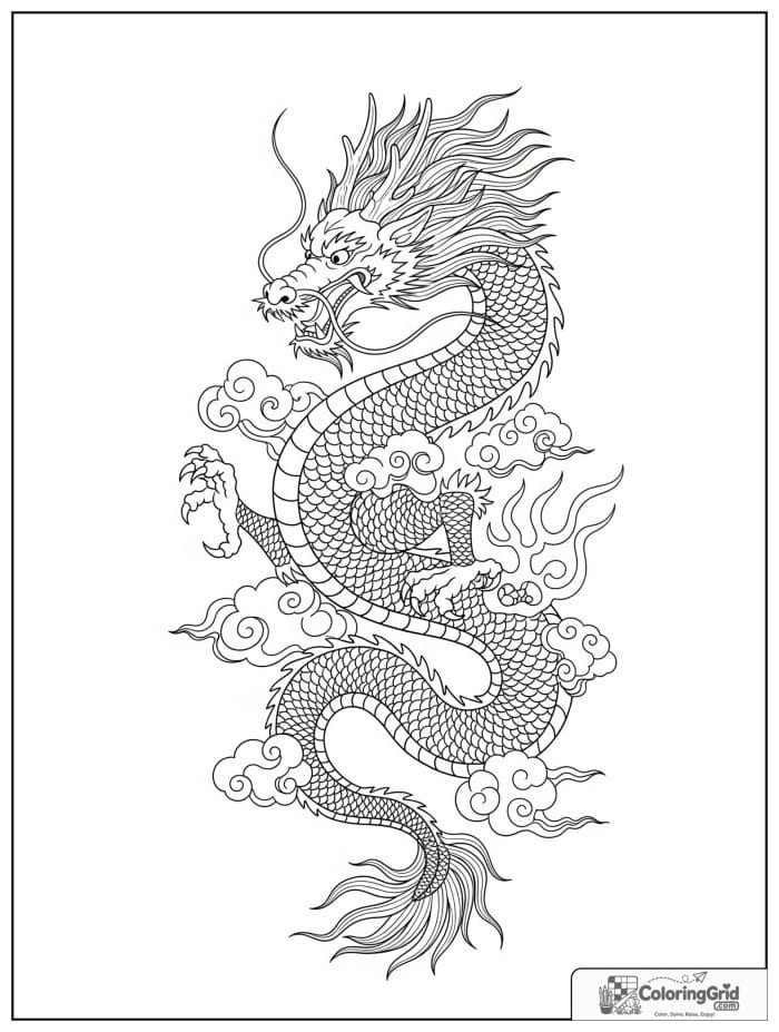 Ornate long dragon with clouds coloring sheet