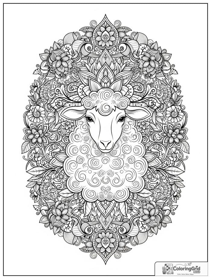 Ornate sheep border frame black and white artwork.