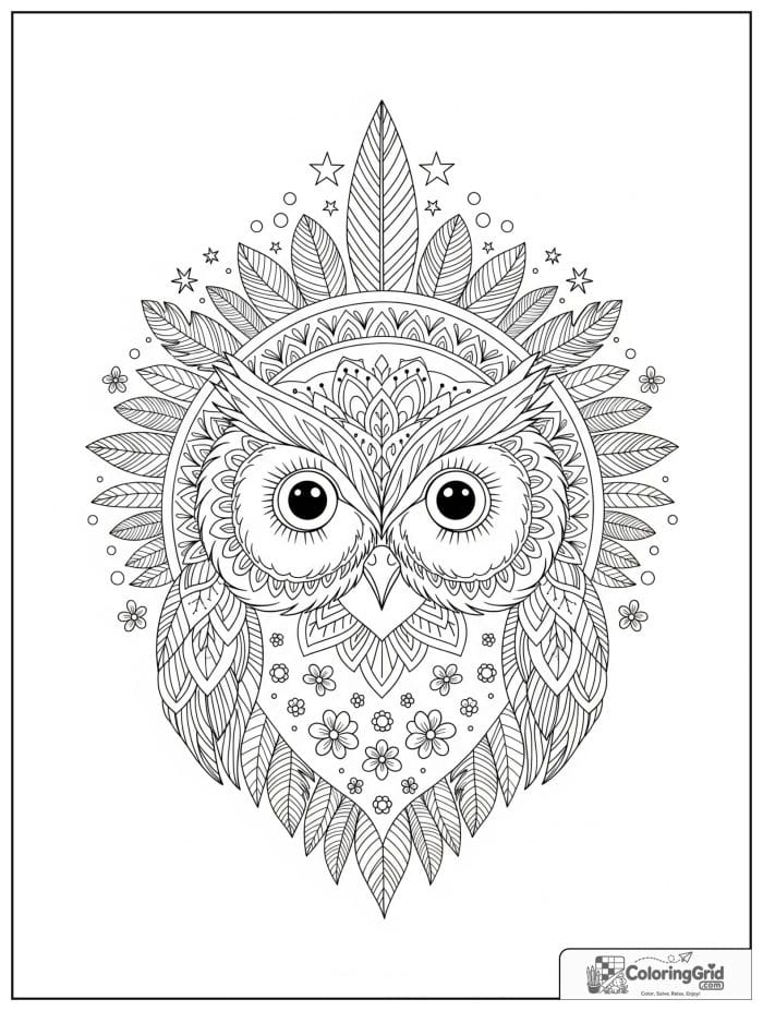 Owl animal mandala coloring page with feather patterns