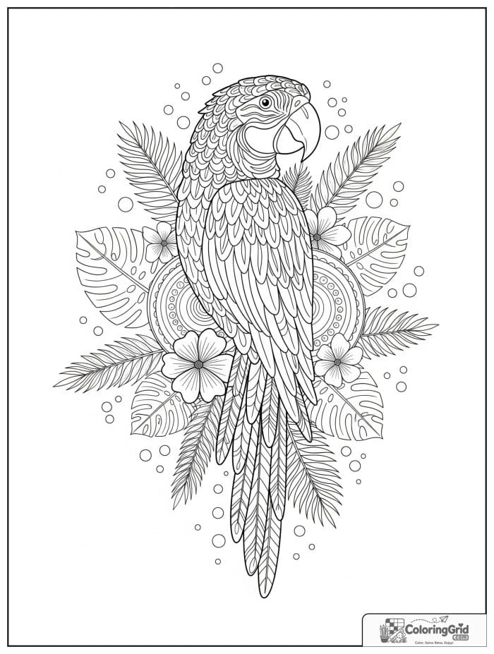 Parrot animal mandala coloring page with tropical leaves
