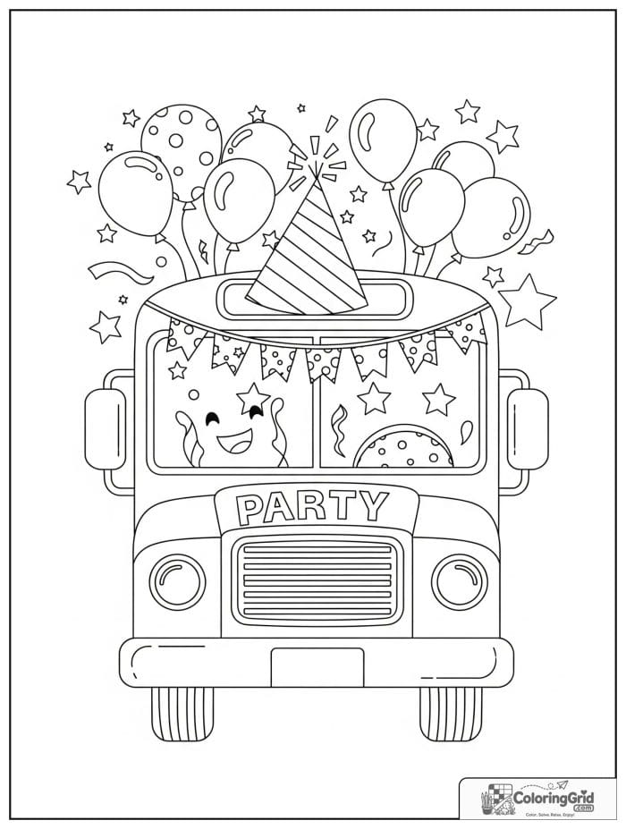 Party bus with balloons and stars for Bus Coloring Pages