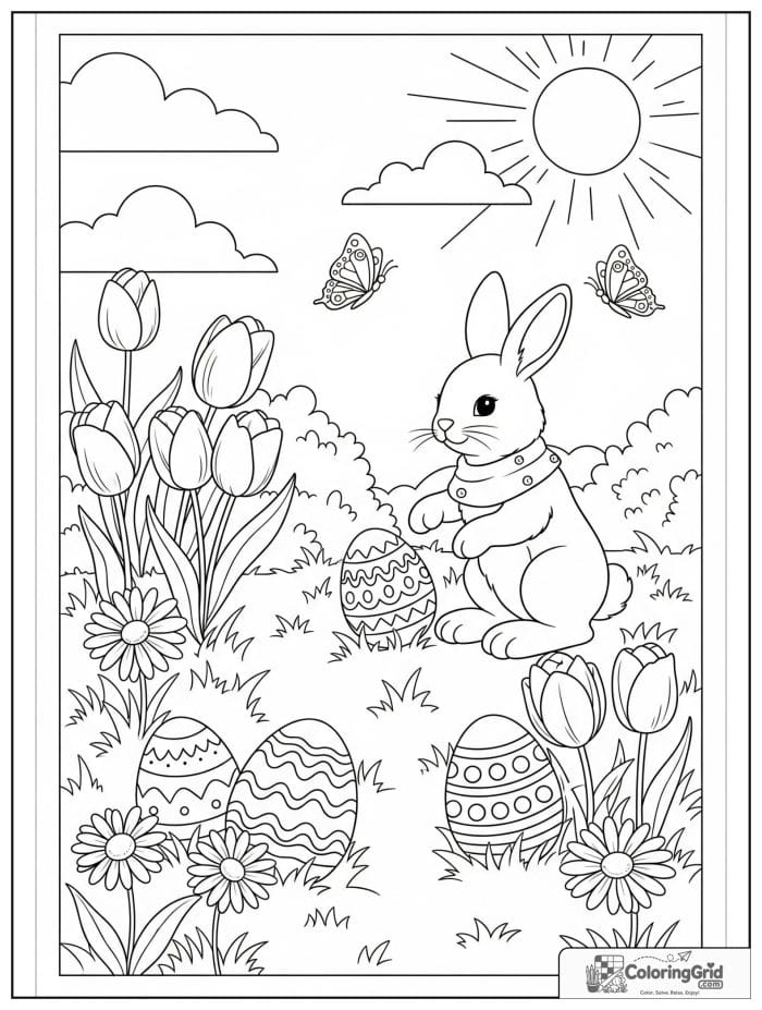 Peaceful Easter garden with bunny and eggs coloring page
