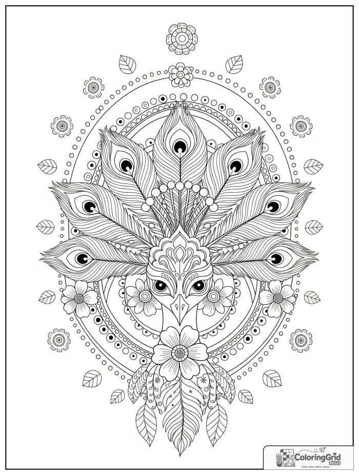 Peacock animal mandala coloring page with feather fan design