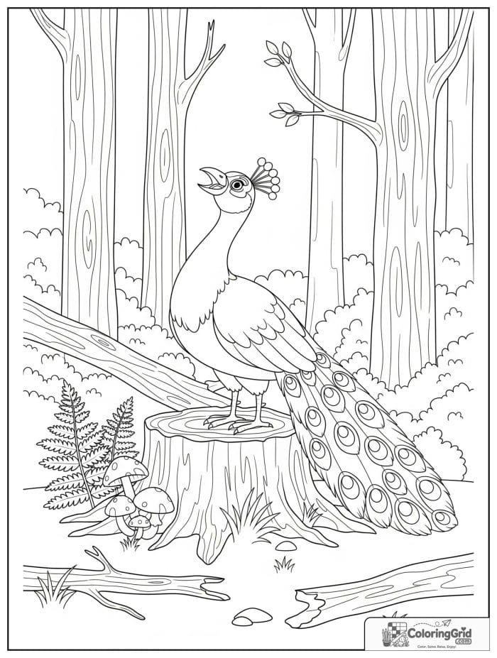 A proud peacock calling from a tree stump in woodland with ferns, mushrooms, branches, and trees.