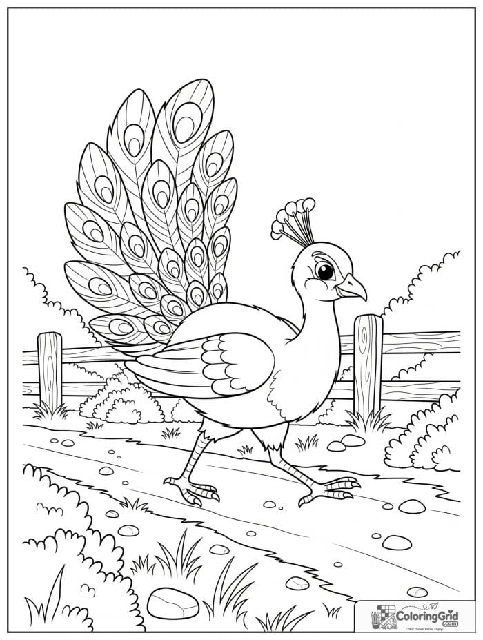 A watchful peacock crossing a dusty lane with fence posts, dry grass, pebbles, and bushes.