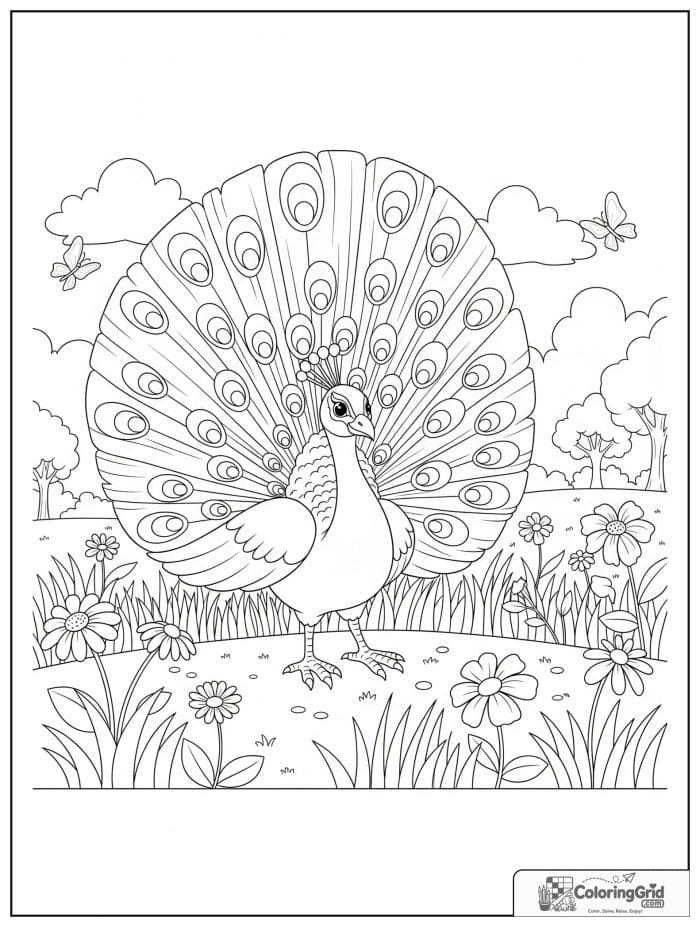 A proud peacock displaying wide tail feathers in a meadow with grass, flowers, butterflies, and trees.