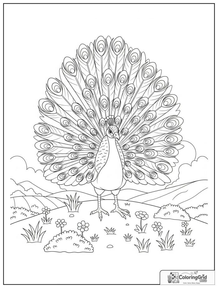 A majestic peacock displaying its tail on a hillside clearing with grasses, flowers, shrubs, and rolling hills.