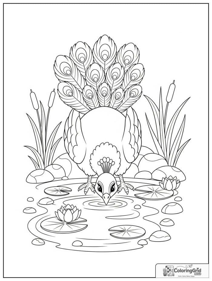 A gentle peacock drinking from a shallow pool with lily pads, reeds, leaves, and stones.