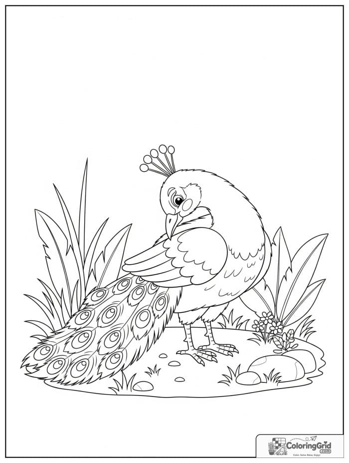 A calm peacock grooming its tail feathers in a forest clearing with grass, leaves, stones, and flowers.