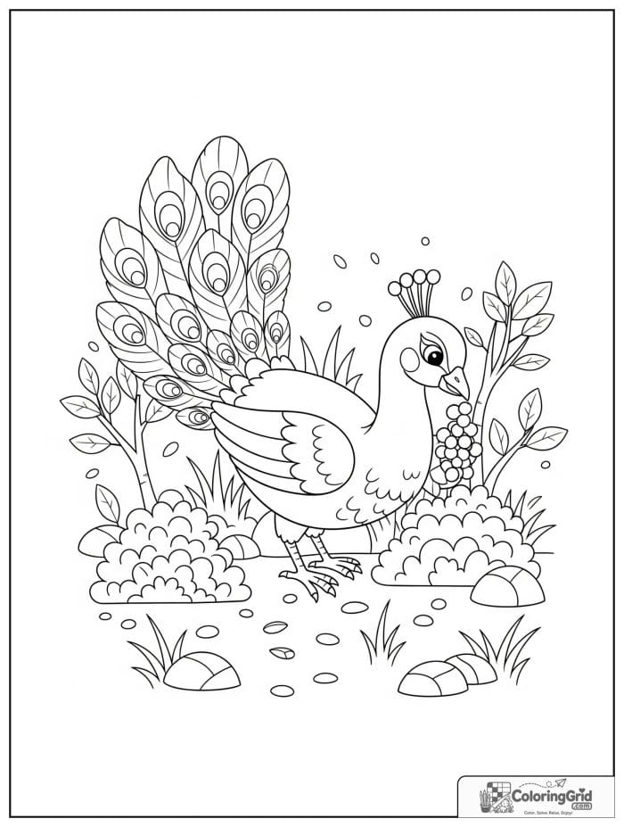 A curious peacock pecking berries beside bushes with branches, seeds, grass, and rocks.