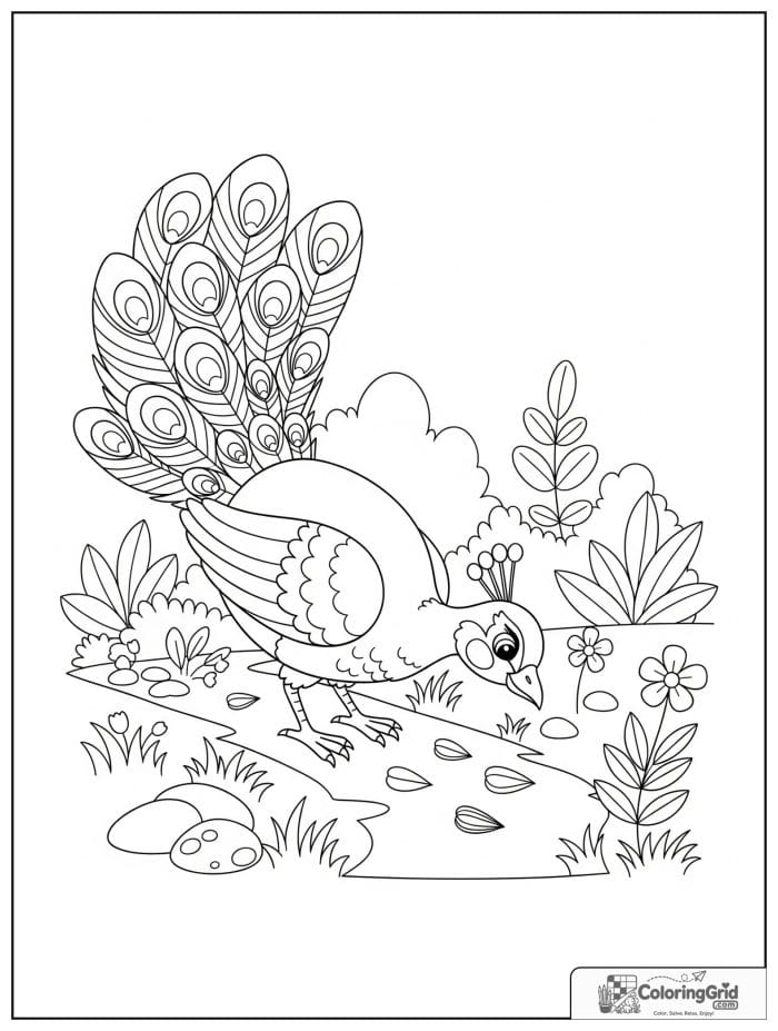 A curious peacock pecking near a grassy path with seeds, flowers, stones, and plants.