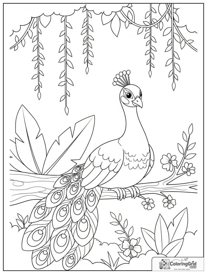 A quiet peacock perched on a low branch with leaves, vines, and forest flowers.