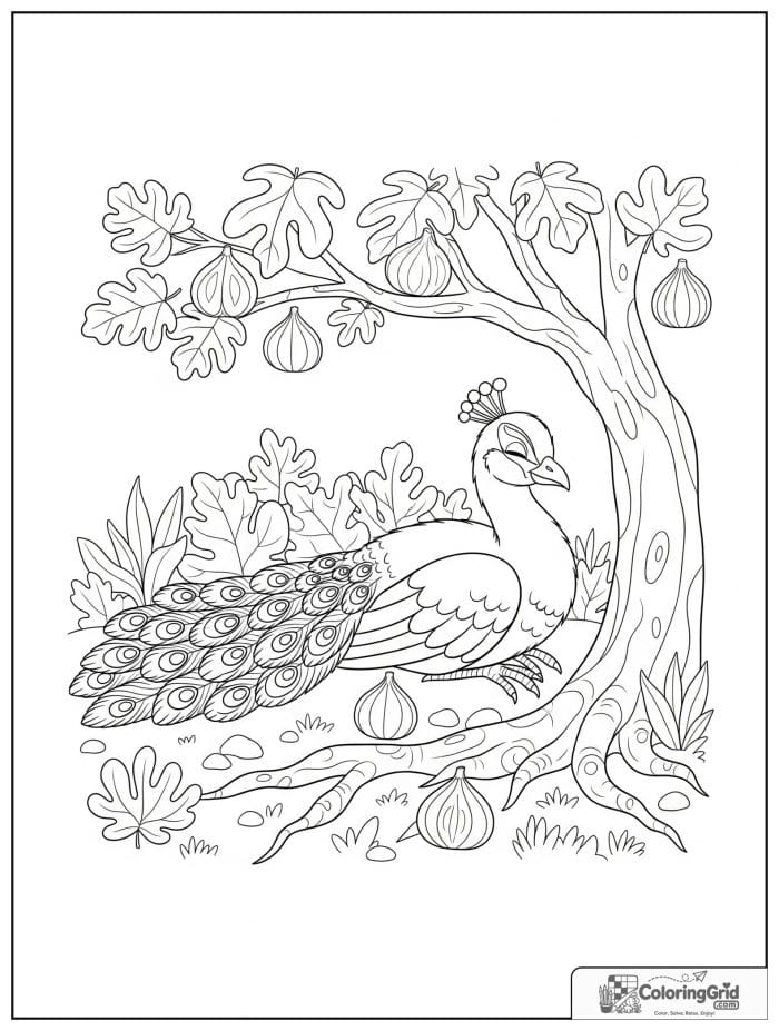 A peaceful peacock resting beneath a fig tree with leaves, fallen figs, roots, and ground plants.