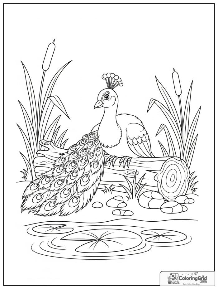A quiet peacock roosting on a fallen log near reeds, shallow water, floating leaves, and pebbles.