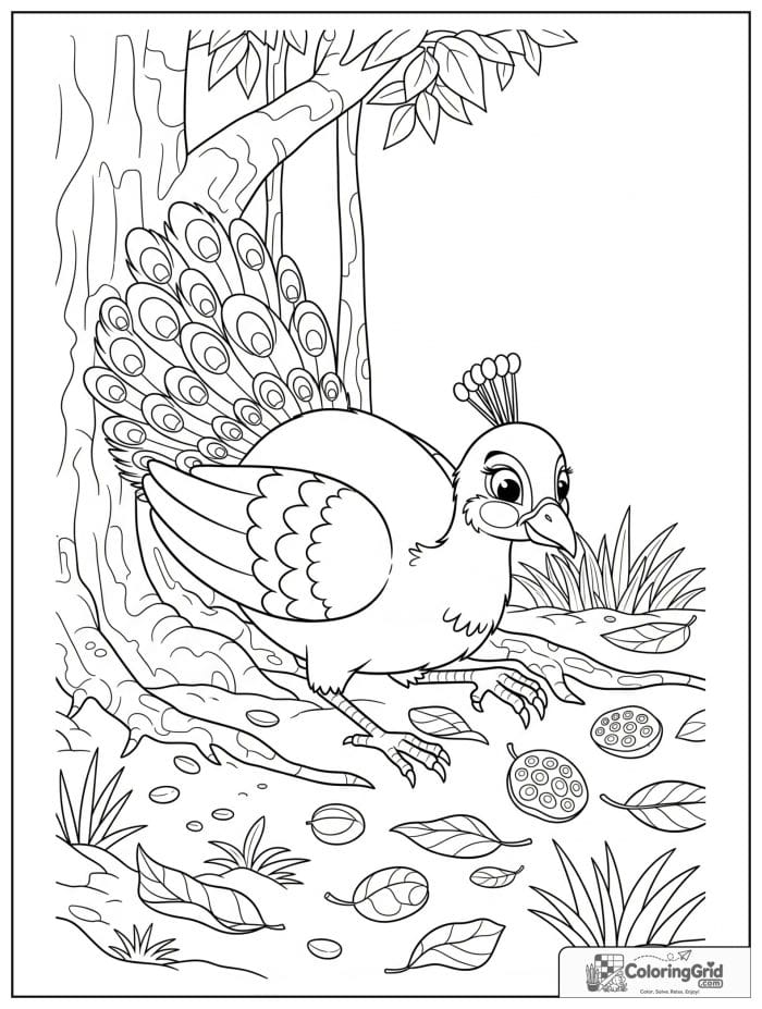 A curious peacock scratching leaf litter under a banyan tree with roots, leaves, and forest plants.