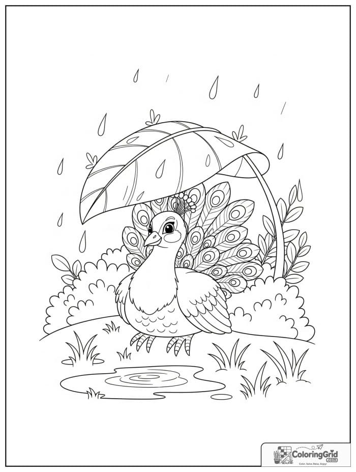 A quiet peacock sheltering under large leaves during light rain with puddles and bushes.