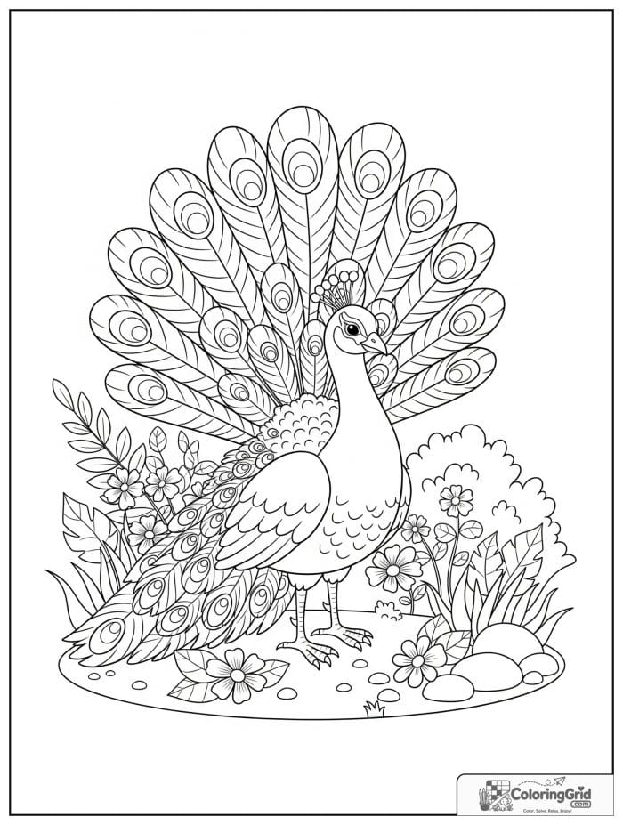 A graceful peacock standing in a flower garden with open tail feathers, flowers, bushes, and stones.