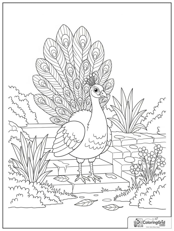A calm peacock standing near old stone steps with plants, leaves, flowers, and bushes.