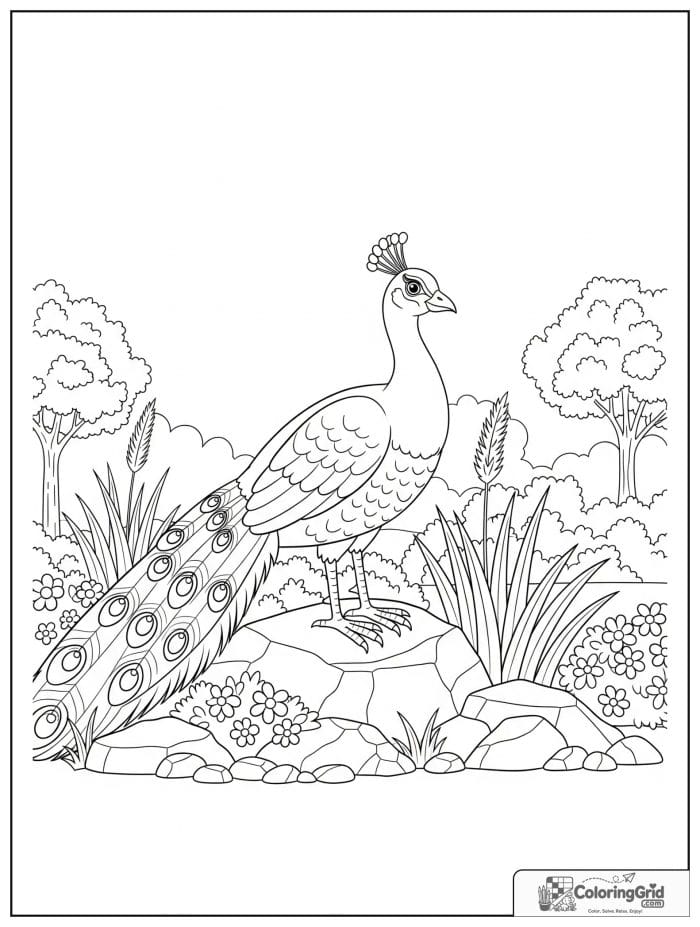 A watchful peacock standing on a rocky garden mound with shrubs, grass, stones, and trees.