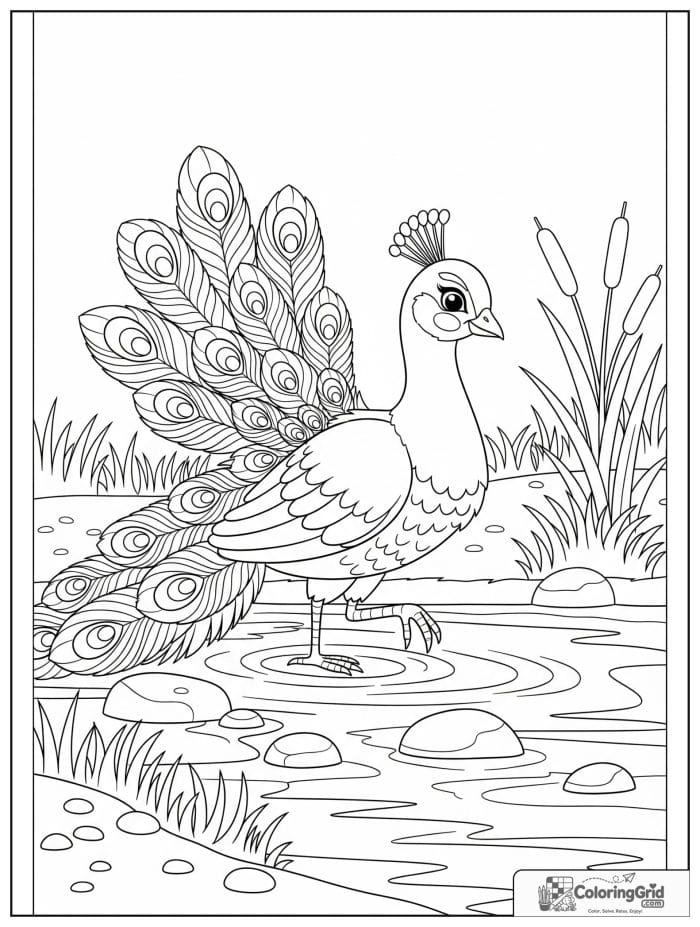 A gentle peacock wading at a river edge with reeds, ripples, stones, and riverbank plants.