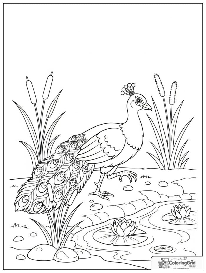 A calm peacock walking beside a pond with folded tail feathers, lily pads, reeds, and grass.