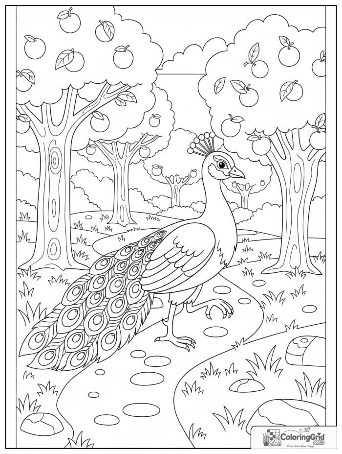 A graceful peacock walking through an orchard path with fruit trees, fallen fruit, stones, and grass.