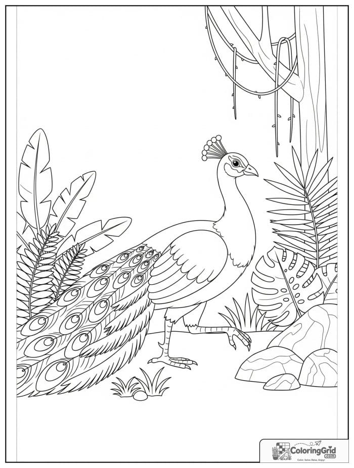 A graceful peacock walking through a rainforest edge with leaves, ferns, vines, and rocks.