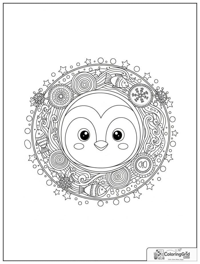 Penguin animal mandala coloring page with snowflakes and fish