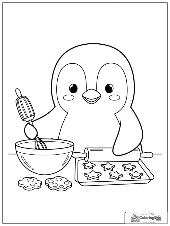 Happy penguin baking cookies in a cozy kitchen with a mixing bowl, rolling pin, cookie tray, and star-shaped cookies.