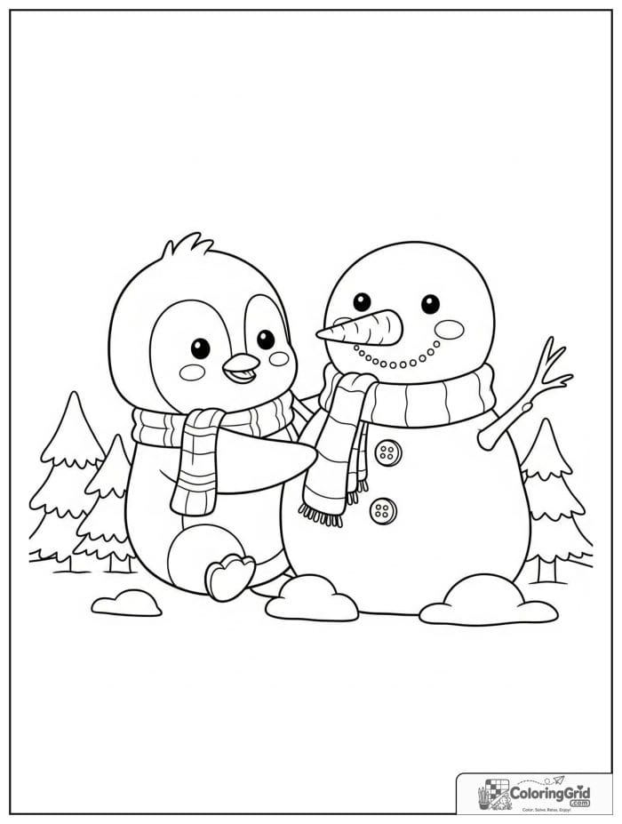 Happy penguin building a snowman with a scarf, buttons, carrot nose, and snowy pine trees.