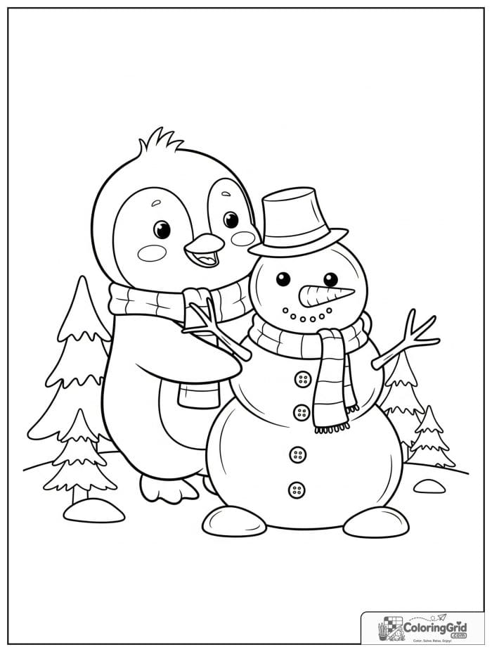 Happy penguin building a snowman with a scarf, buttons, carrot nose, and snowy pine trees.