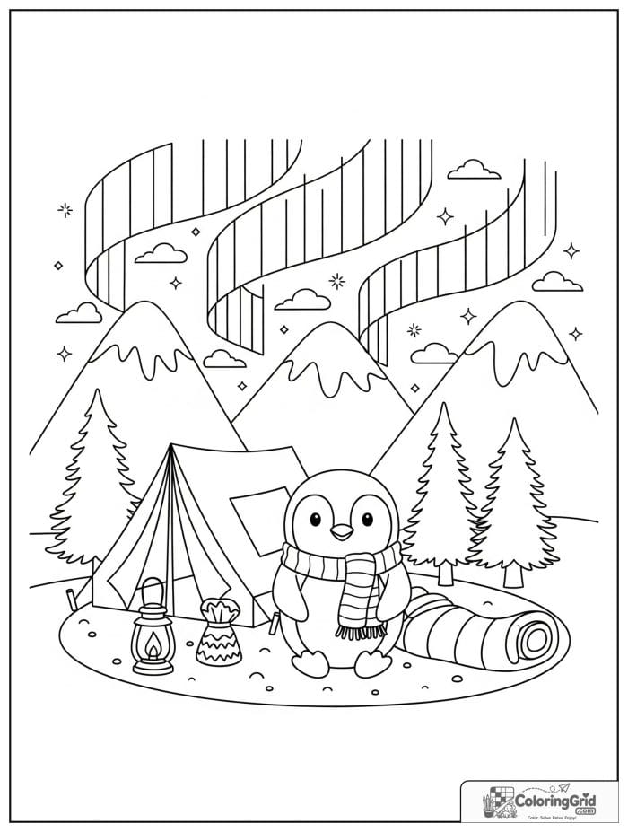 Brave penguin camping beside a tent under northern lights with a lantern, sleeping bag, pine trees, and snowy mountains.
